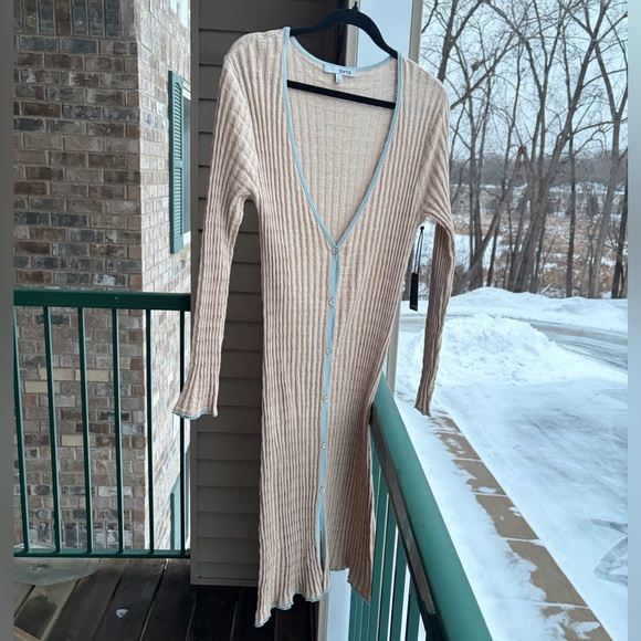 🆕 SWTR Ribbed Knit Long Cardigan Dress Beige Blue Trim Button Front Size M NWT - Picture 3 of 16